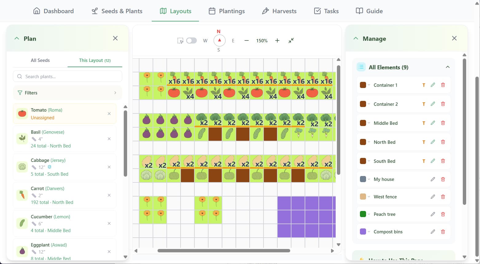 Giddy Carrot Layout Planner showing a full garden grid with multiple raised beds, structures, and assigned plants