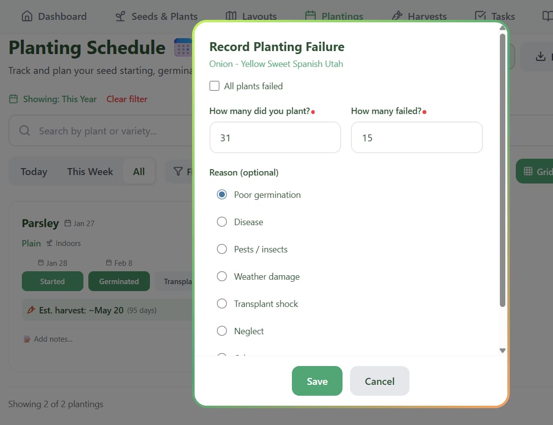 Planting record showing failure logging options