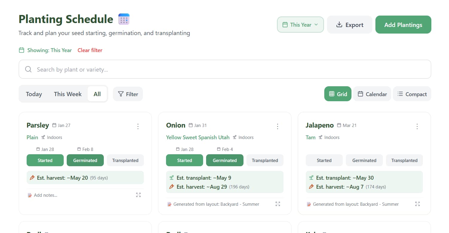Planting Schedule page showing auto-generated plantings with dates