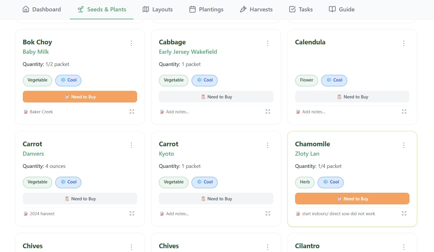 Seeds & Plants page showing several varieties added with categories and quantities
