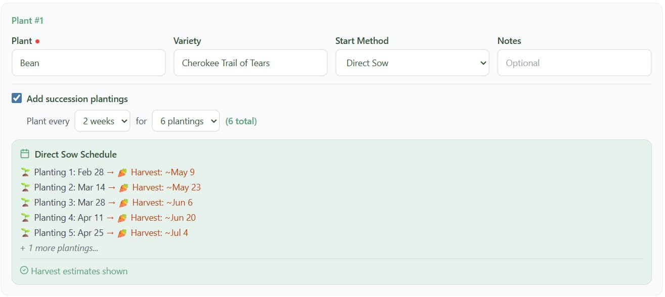 Succession planting dialog showing staggered planting dates
